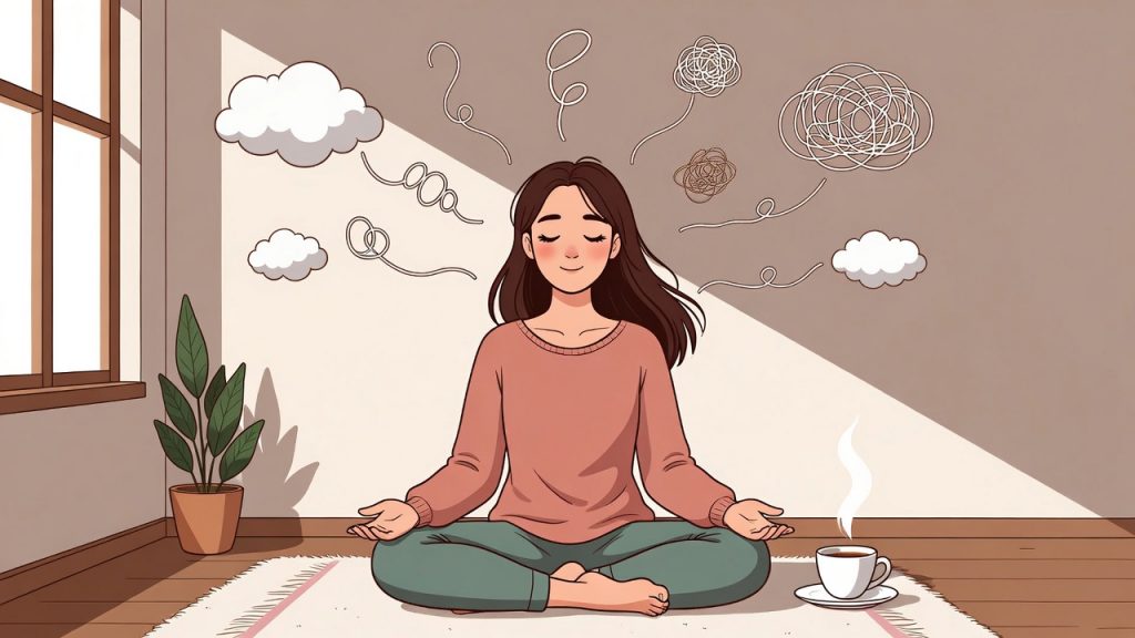 A 2D illustration of a woman sitting cross-legged on a soft rug with eyes closed and a calm expression, surrounded by swirling thought clouds and tangled lines fading into the air — representing how to quiet mental chatter