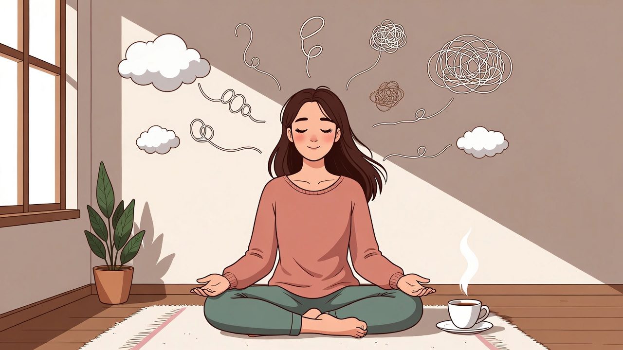 A 2D illustration of a woman sitting cross-legged on a soft rug with eyes closed and a calm expression, surrounded by swirling thought clouds and tangled lines fading into the air — representing how to quiet mental chatter