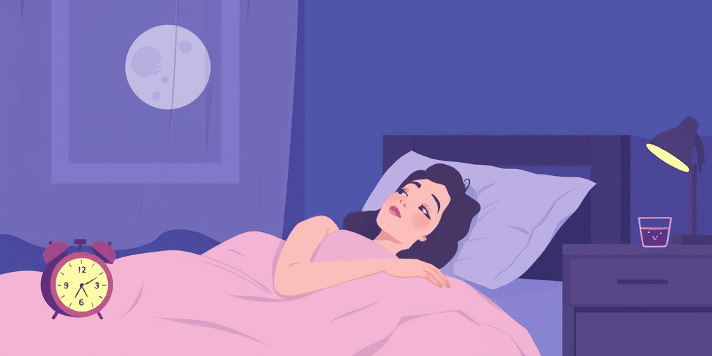 A 2D illustration of a woman lying awake in bed at night, staring upward with a worried expression, a glowing alarm clock nearby and moonlight visible through the curtain — illustrating insomnia and sleeplessness