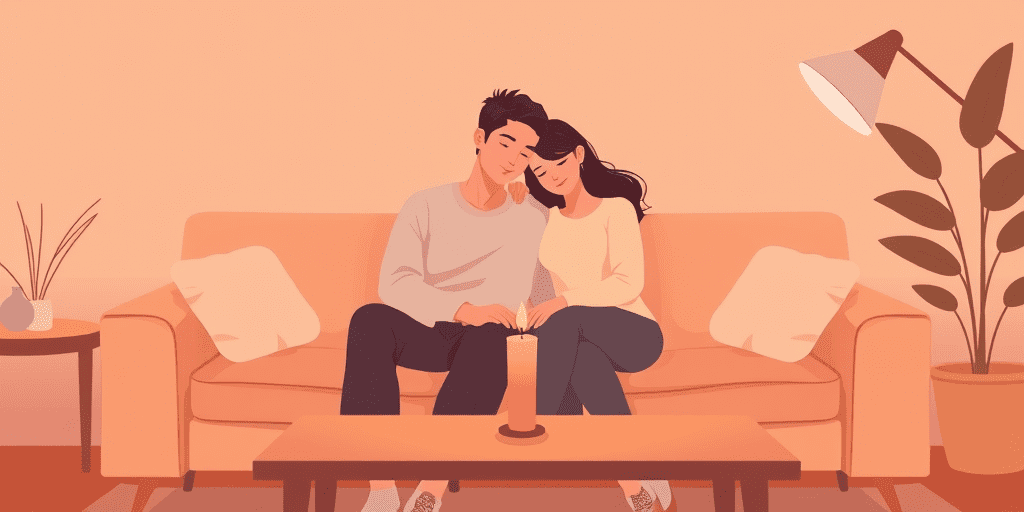 A 2D illustration of a couple sitting close together on a cozy couch with a glowing candle, symbolizing warmth, intimacy, and keeping the spark alive in a long-term relationship.