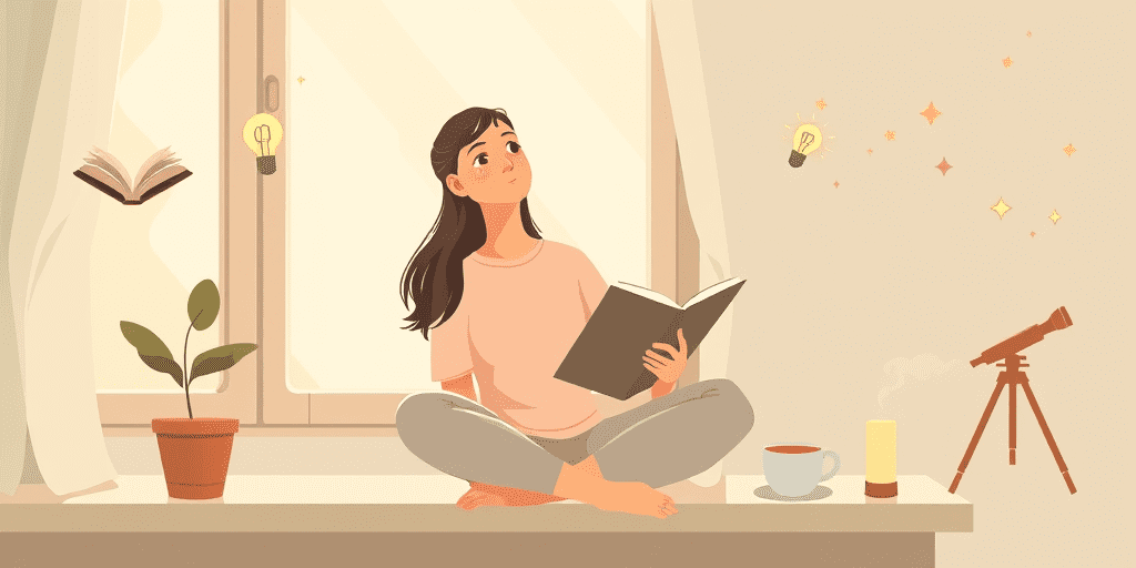 A 2D illustration of a woman sitting cross-legged on a window seat holding an open book, surrounded by floating lightbulbs, stars, a potted plant, a cup of tea, and a telescope — representing a lifelong learning mindset and personal growth