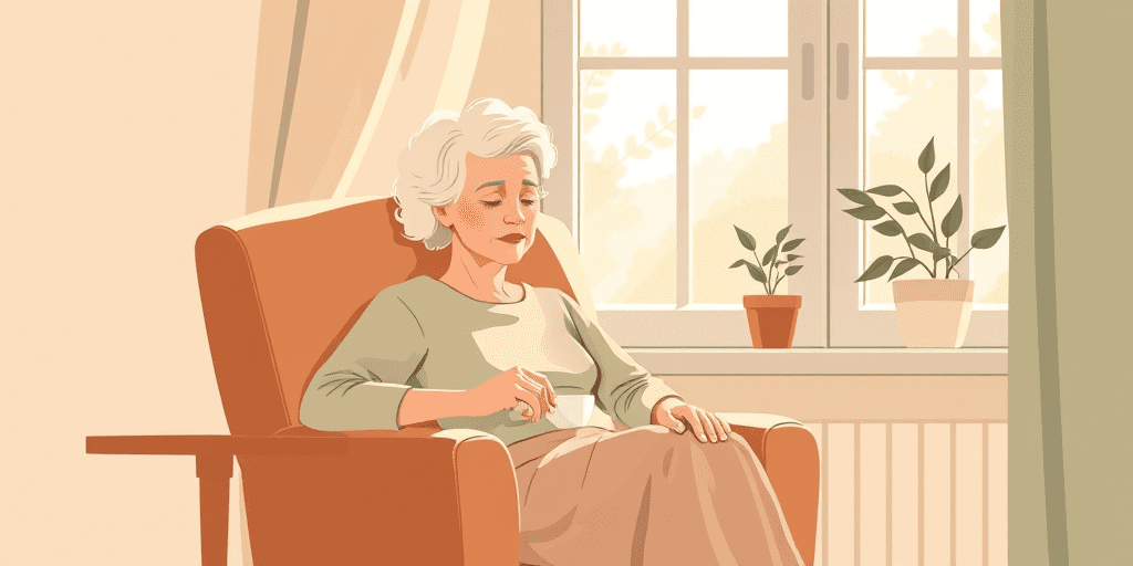 A 2D illustration of an older woman sitting in a sunlit armchair with a cup of tea, quietly reflecting — representing mental health in older adults with warmth and dignity