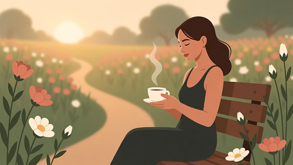 A 2D illustration of a woman sitting on a bench in a blooming garden holding a steaming cup of tea, reflecting on her midlife mental health crisis with calm and quiet hope