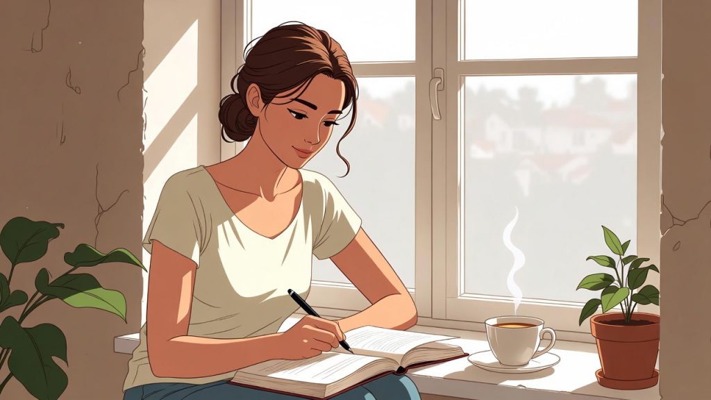 A 2D illustration of a woman journaling by a sunlit window with a cup of tea and a small plant nearby, representing the practical steps of integrated healing and moving through emotional pain with intention