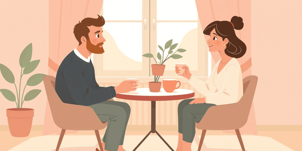 A couple sitting across from each other at a small table with coffee cups, having an open and calm conversation — illustrating navigating differences in a relationship with warmth and understanding