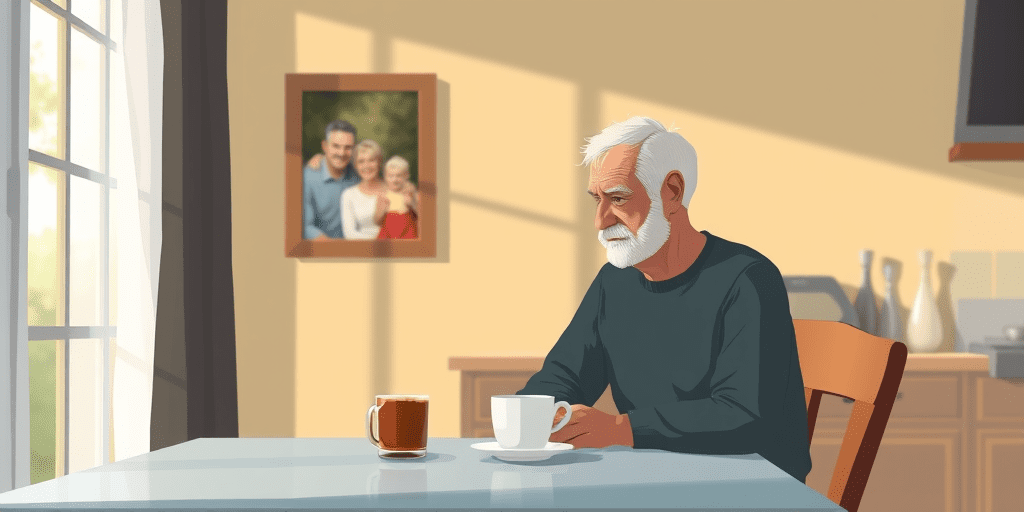 A 2D illustration of an older man sitting alone at a kitchen table with a cup of coffee and a family photo in the background — depicting loneliness and quiet grief in older adulthood
