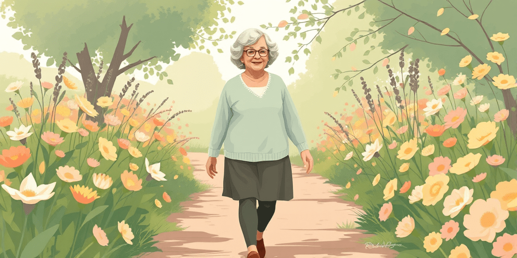 A 2D illustration of an older woman walking along a blooming garden path with a gentle smile — symbolizing healing, hope, and rediscovering joy as part of mental wellness in older adults