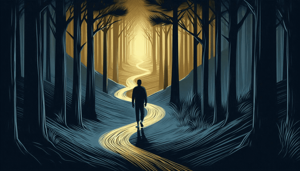 A 2D illustration of a person walking alone through a dark forest toward soft golden light filtering through the trees ahead, symbolizing navigating a spiritual crisis and finding a path through the dark night of the soul.