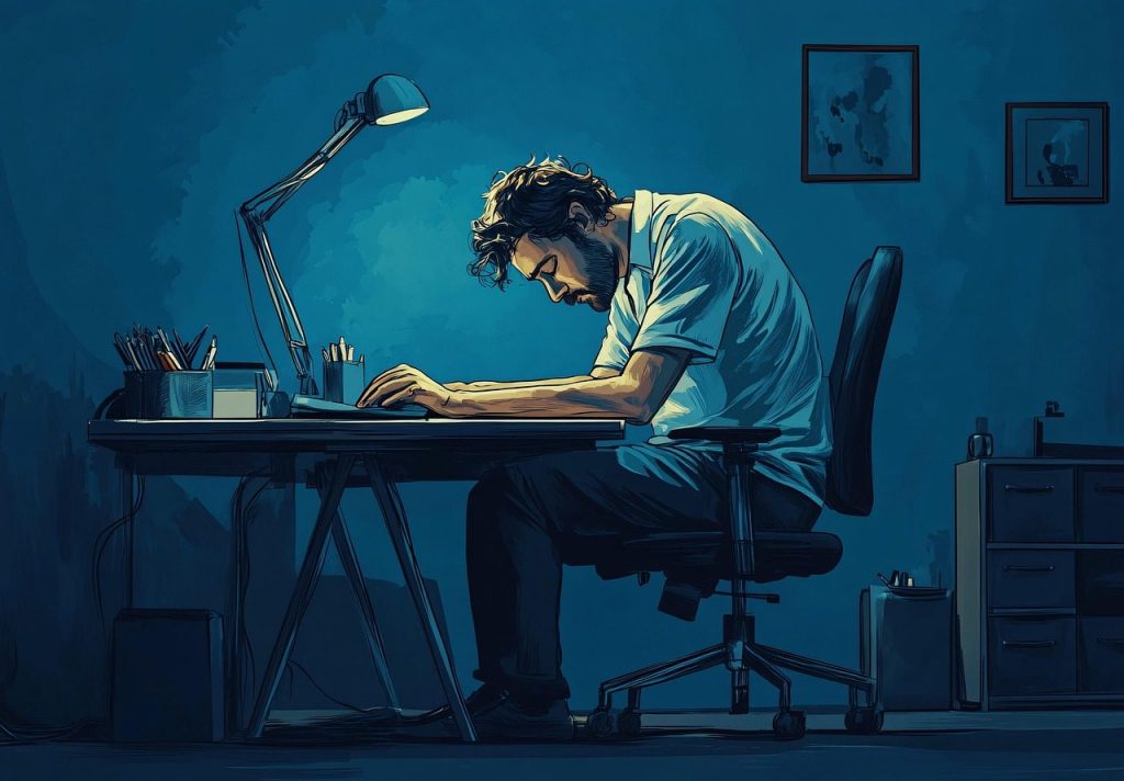 Person sitting at a desk looking overwhelmed by workplace stress and deadlines