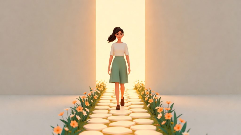 A 2D illustration of a young woman walking confidently forward along a stepping stone path toward a glowing doorway, representing taking practical steps outside your comfort zone