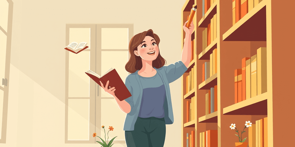 A 2D illustration of a woman reaching up to pull a book from a tall wooden shelf in a bright cozy library, surrounded by floating icons of learning — representing practical steps to build a lifelong learning mindset