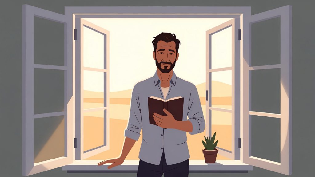 A 2D illustration of a man standing at an open window in morning light holding a journal, symbolizing self-reflection and practical steps toward healing a midlife mental health crisis