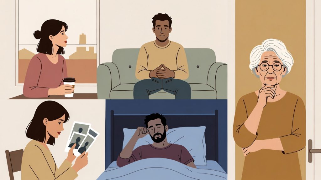 A 2D illustration of five diverse people each in their own quiet moment of reflection, representing the real human stories behind a midlife mental health crisis