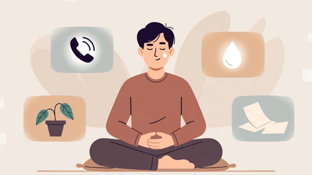 A 2D illustration of a woman meditating peacefully while surrounding thought bubbles reveal unaddressed problems — an unanswered phone, a wilting plant, and a teardrop — representing the real-life faces of spiritual bypassing