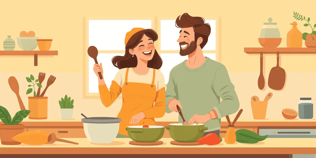 A 2D illustration of a couple laughing and cooking together in a warm kitchen, representing practical ways to keep the spark alive in a long-term relationship through shared everyday moments.