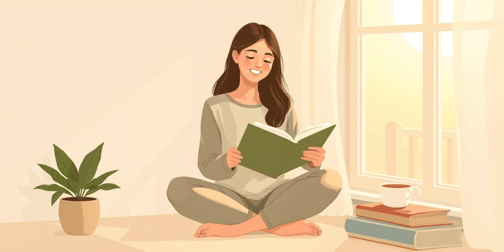 A 2D illustration of a woman journaling peacefully by a sunlit window with a cup of tea and a small plant nearby — representing the hopeful and healing practice of releasing suppressed emotions