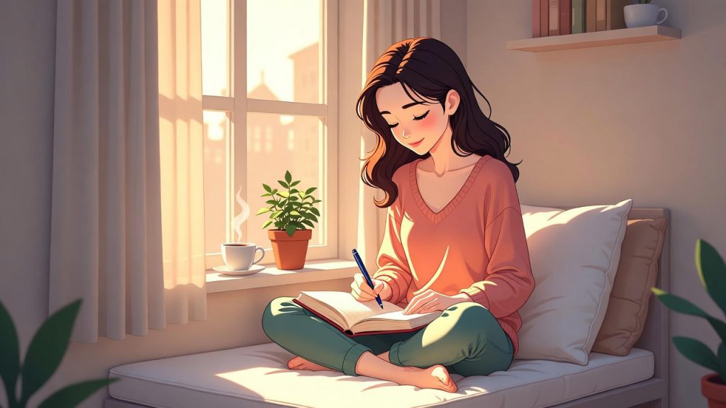 A 2D illustration of a young woman sitting cross-legged by a sunny window journaling peacefully, representing self-reflection and growth after stepping outside your comfort zone