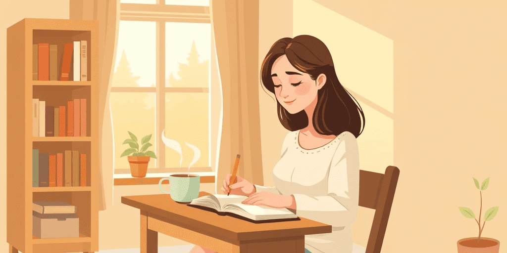 A 2D illustration of a woman sitting at a wooden desk by a sunlit window, writing in a journal with a cup of tea beside her — representing self-reflection and personal growth as part of a lifelong learning mindset