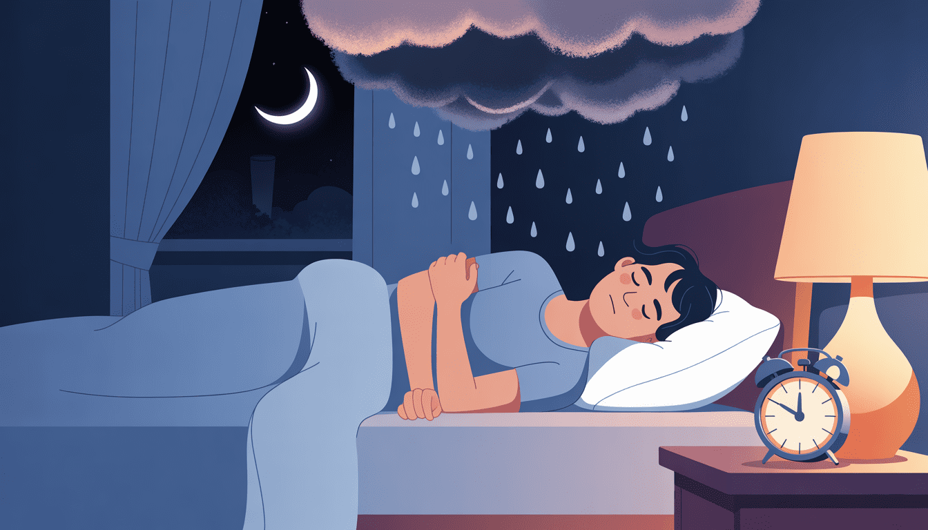 A 2D illustration of a person lying awake in bed at 3 a.m. with dark clouds hovering above them, representing the emotional weight of sleep deprivation and depression