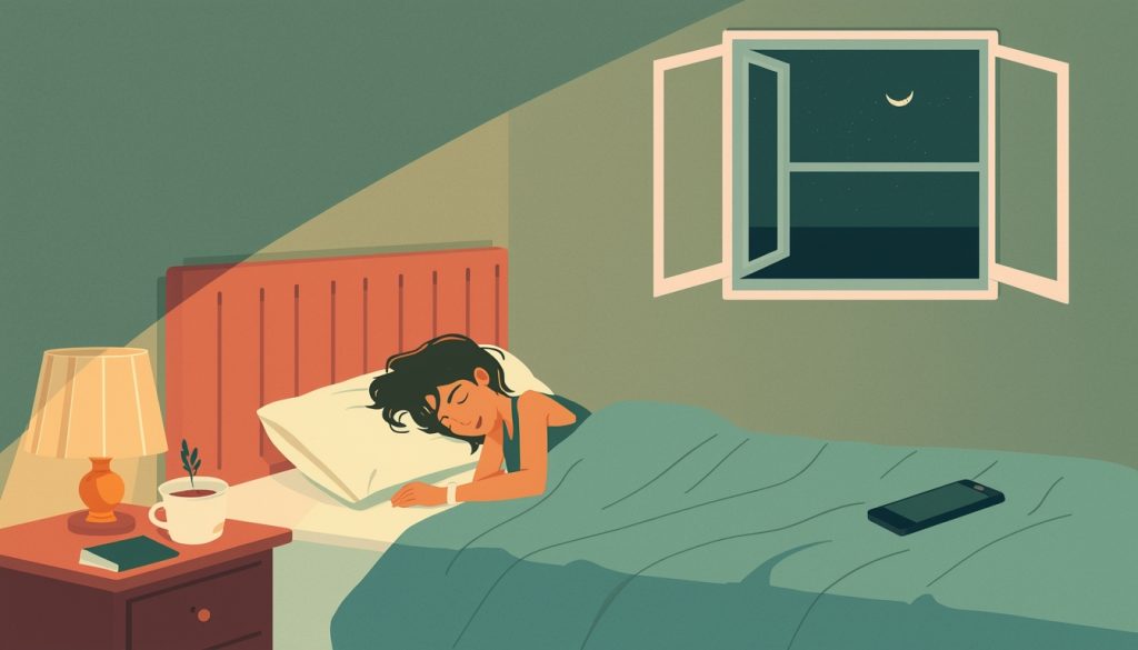 A 2D illustration of a person sleeping peacefully in a cozy dimly lit bedroom with a journal and herbal tea on the nightstand and a phone placed away from the bed — representing healthy sleep hygiene habits for better rest.