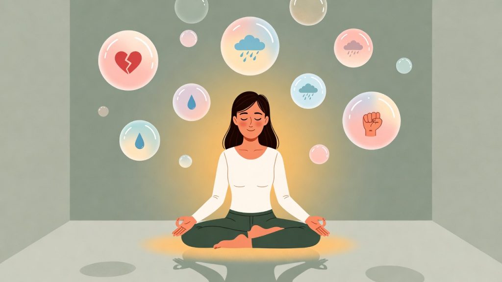 A woman meditating in lotus position surrounded by floating bubbles containing emotional symbols — a broken heart, rain clouds, teardrops, and a raised fist — illustrating spiritual bypassing and the avoidance of difficult emotions through spiritual practice