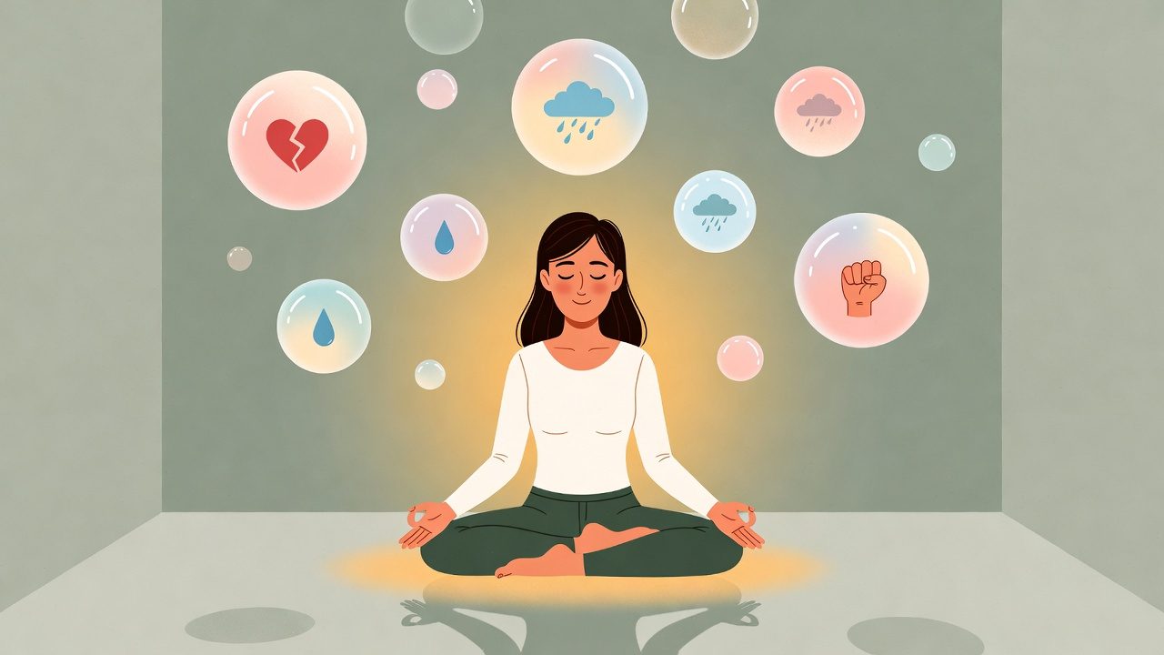 A woman meditating in lotus position surrounded by floating bubbles containing emotional symbols — a broken heart, rain clouds, teardrops, and a raised fist — illustrating spiritual bypassing and the avoidance of difficult emotions through spiritual practice