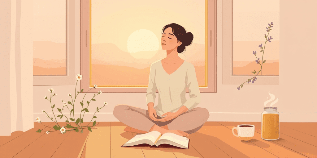 Woman practicing spiritual practices for everyday mental health — meditating with journal and tea in morning light.