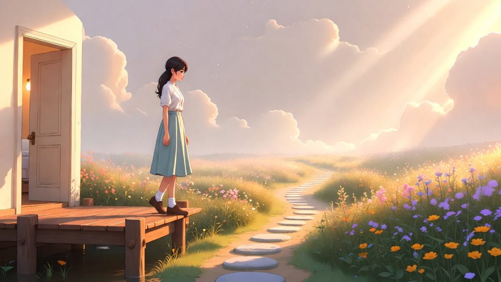 Illustration of a woman stepping outside her comfort zone onto a sunlit path through wildflowers — representing personal growth and overcoming fear