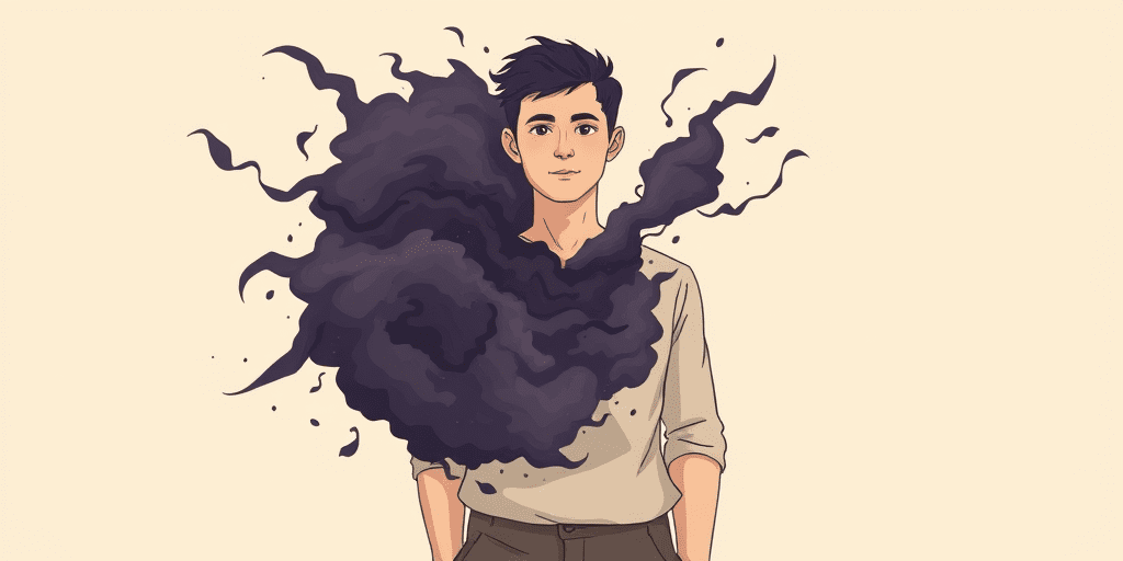 A 2D illustration of a young man with a calm, composed expression while dark stormy smoke billows from his chest and surrounds his body — illustrating the hidden weight of suppressed emotions carried beneath a composed exterior