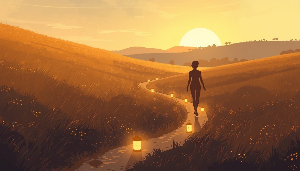 A 2D illustration of a person walking a glowing lantern-lit path through an open field at golden hour, representing the intentional integration journey after a near-death experience existential shift.