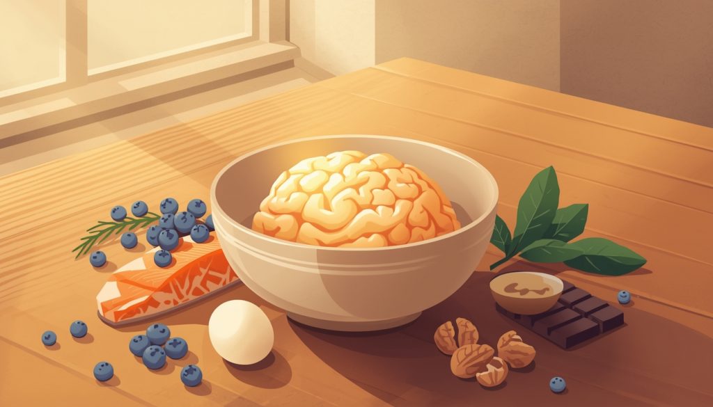 2D illustration of a glowing brain surrounded by foods that support brain function including blueberries, salmon, walnuts, eggs and dark leafy greens