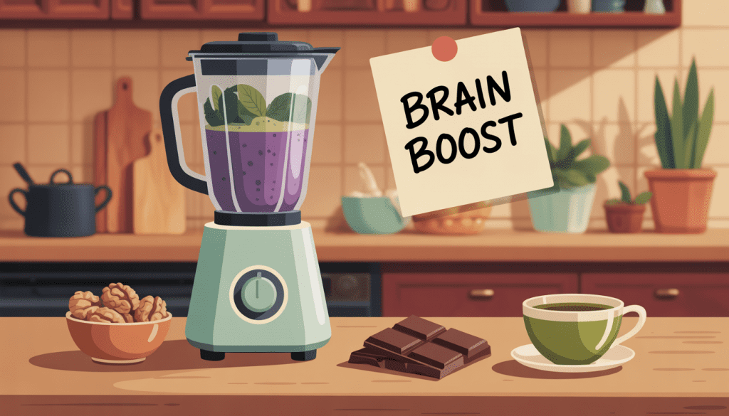 2D illustration of a kitchen counter with a smoothie, walnuts, dark chocolate, and green tea representing easy everyday foods that support brain function