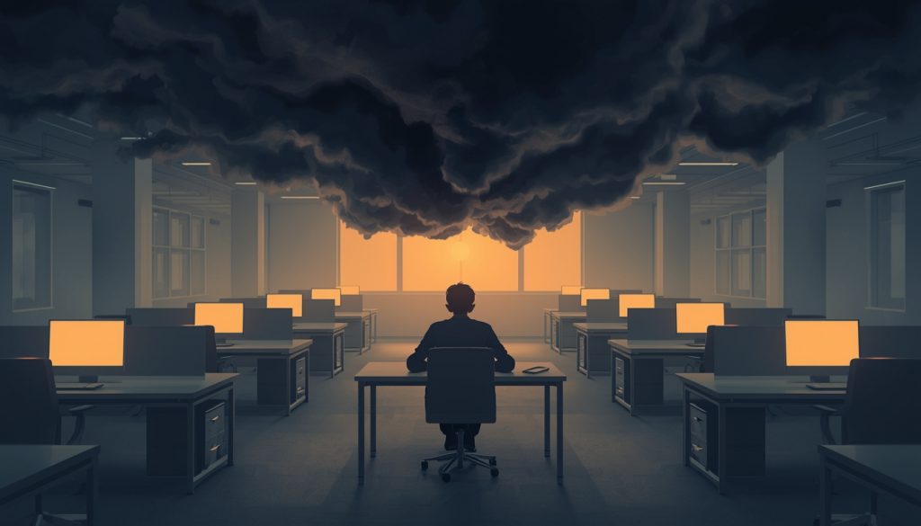 2D illustration of a person feeling isolated and overwhelmed at their desk in a toxic work environment
