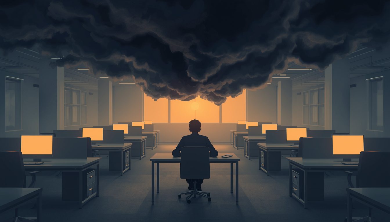 2D illustration of a person feeling isolated and overwhelmed at their desk in a toxic work environment