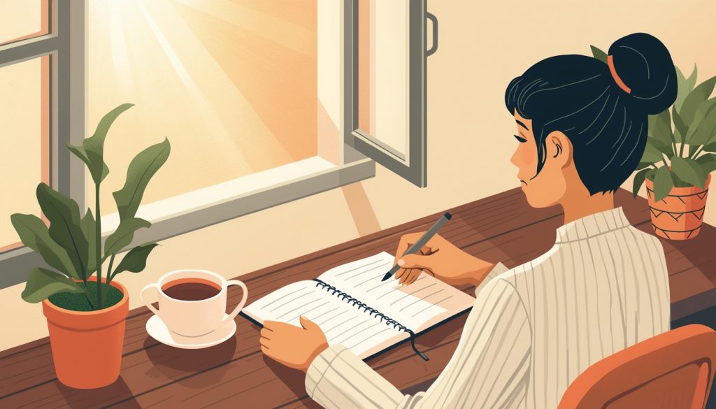 2D illustration of a person journaling by a morning window as a practice for building resilience