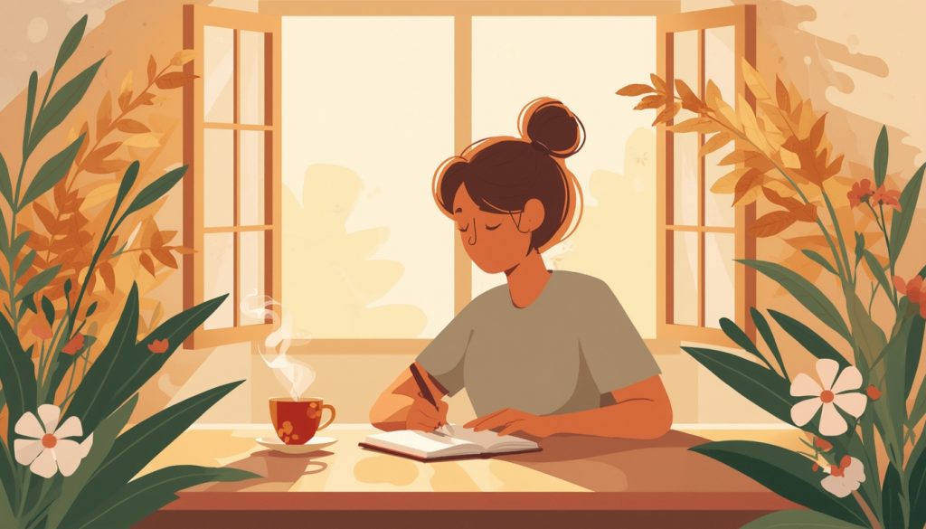 2D illustration of a person journaling by a sunny window as a way to cope with existential anxiety through self-reflection and grounding practices