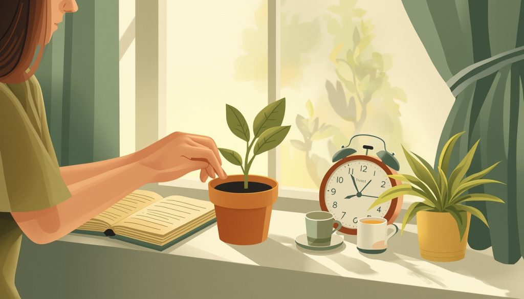 2D illustration of a person nurturing a growing plant on a windowsill, symbolizing how resilience develops slowly through patience, consistent care, and small daily acts