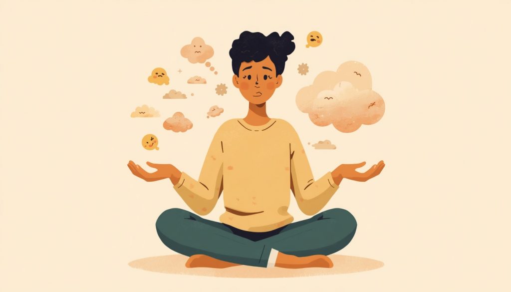 2D illustration of a person practicing acceptance in acceptance and commitment therapy, hands open with thoughts and feelings floating above without struggle