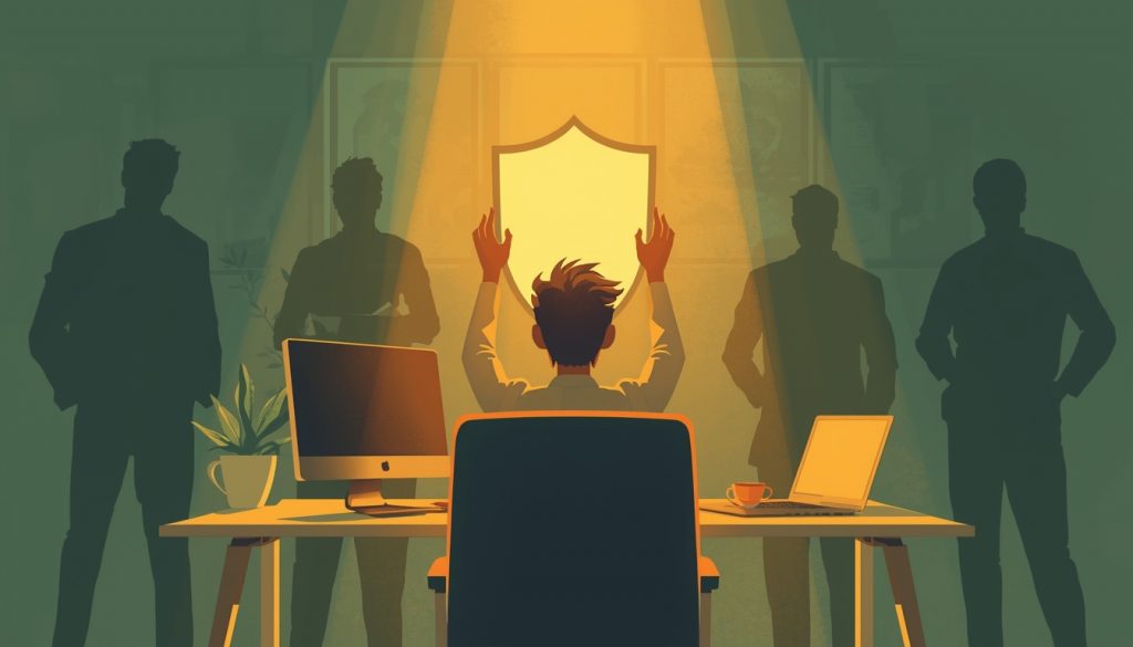 2D illustration of a person protecting their mental health and setting boundaries in a toxic work environment