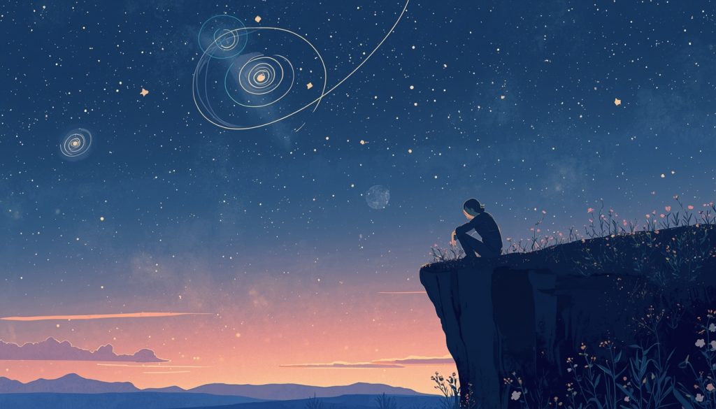 2D illustration of a person sitting alone under a starry night sky, representing the quiet weight of existential anxiety and the search for meaning