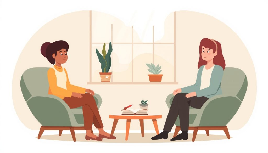 2D illustration of a person sitting in a warm therapy room for psychodynamic therapy, facing a calm therapist with a plant and soft natural light in the background