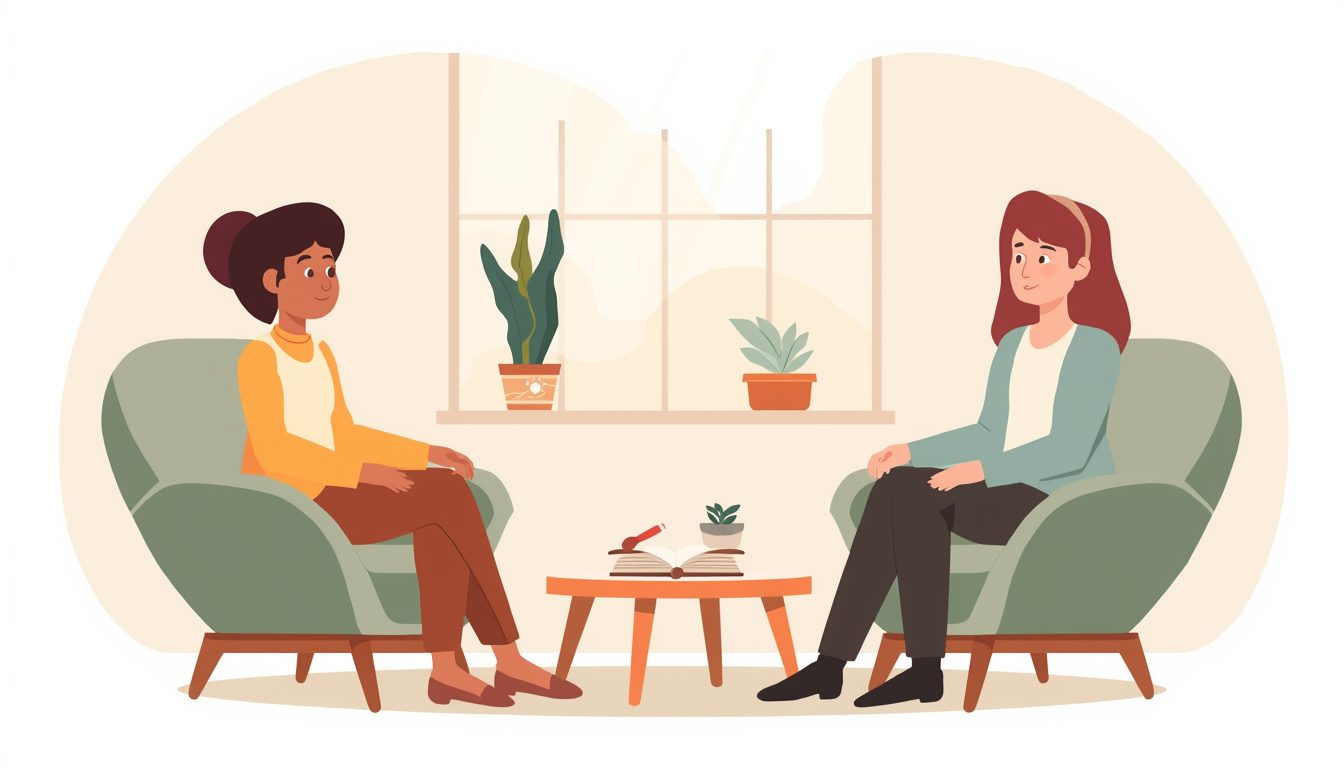 2D illustration of a person sitting in a warm therapy room for psychodynamic therapy, facing a calm therapist with a plant and soft natural light in the background