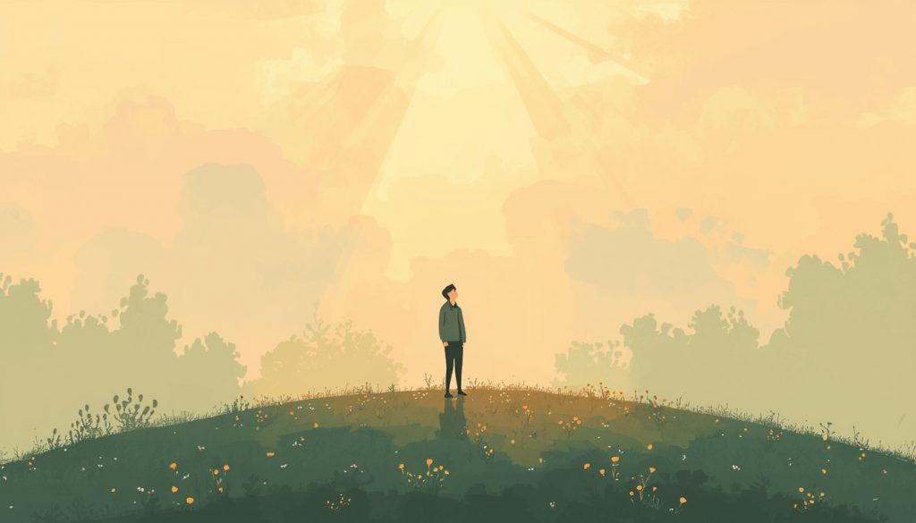 2D illustration of a person standing quietly at the base of a sunlit hill surrounded by wildflowers, representing how resilience develops through steady, hopeful forward movement