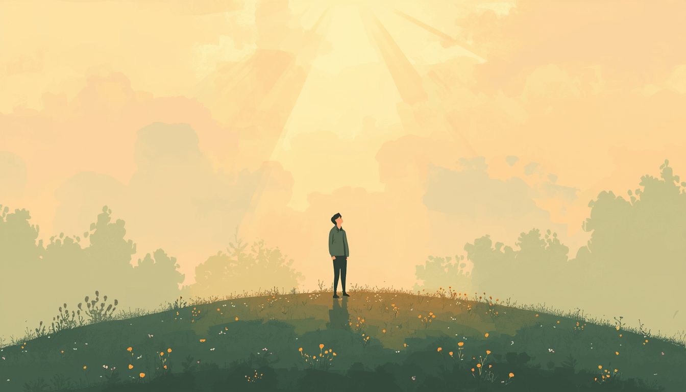 2D illustration of a person standing quietly at the base of a sunlit hill surrounded by wildflowers, representing how resilience develops through steady, hopeful forward movement
