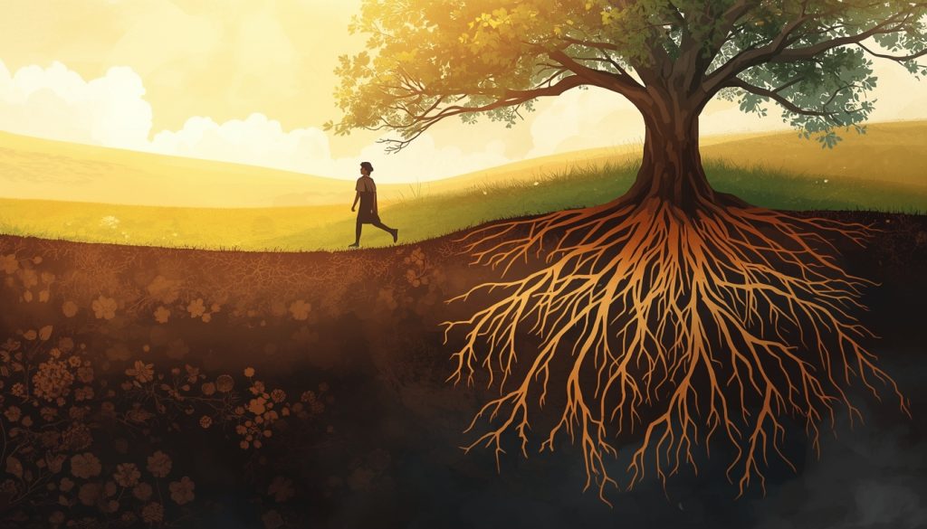 2D illustration of a person walking a healing path with roots underground representing the deep inner work of psychodynamic therapy