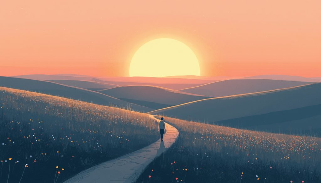 2D illustration of a person walking a winding path toward light, representing the journey of finding peace and meaning while living with existential anxiety