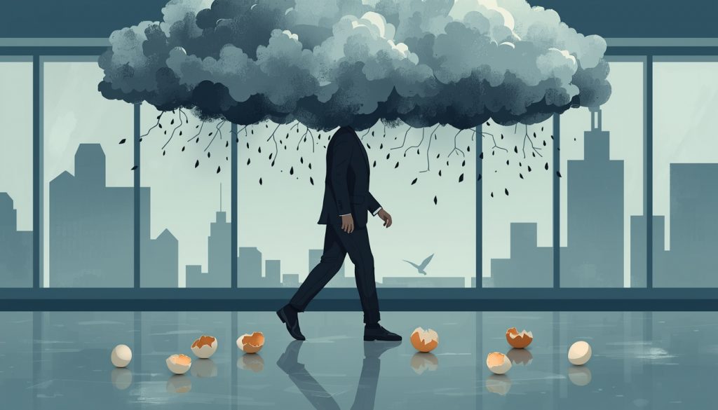 2D illustration of a person walking on eggshells in a toxic work environment, surrounded by tension and anxiety