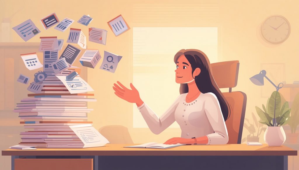 2D illustration of a woman at work calmly saying no at work without guilt, holding up her hand to an overwhelming pile of tasks