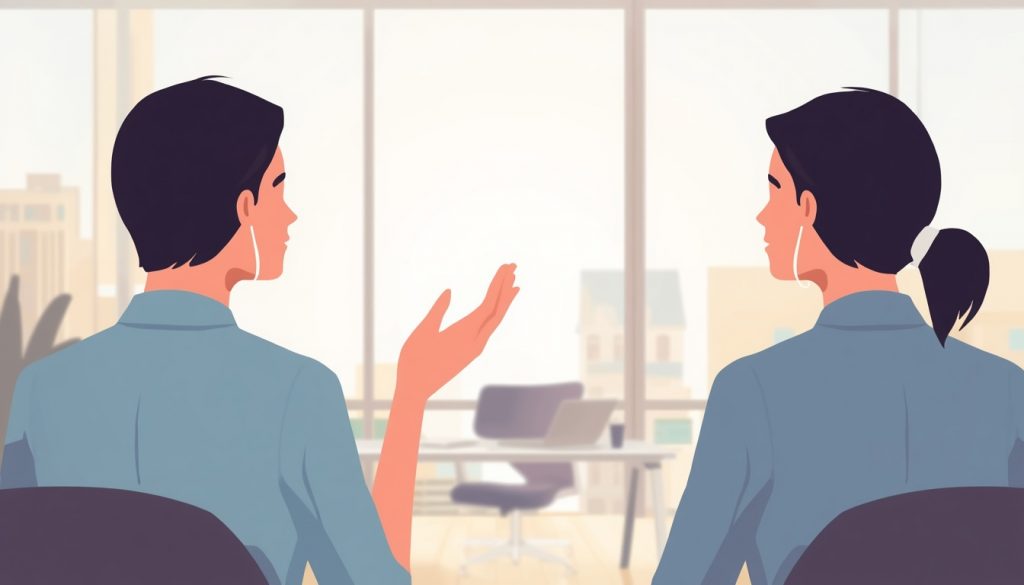 2D illustration of a woman confidently saying no at work without guilt in a professional, respectful conversation