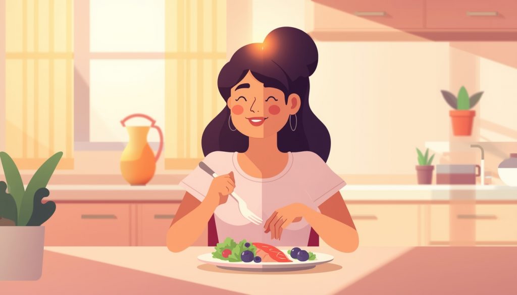 2D illustration of a woman eating salmon and blueberries — foods that support brain function — at a warm kitchen table